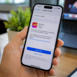 Apple iPhone displaying an iOS security update with a cyber security background