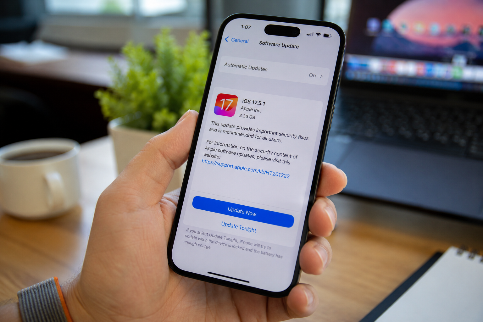 Apple iPhone displaying an iOS security update with a cyber security background