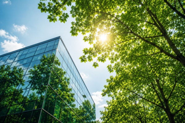 Modern sustainable office building surrounded by green trees representing Elbow Beach Capital's investment in climate technology startups