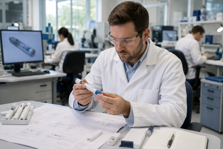 Oval Medical Technologies engineer developing an advanced patient-centric auto-injector device
